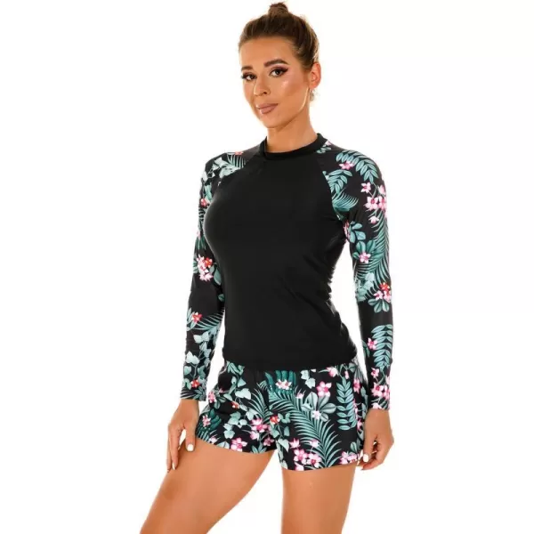 IDOPIP Rash Guard for Women Long Sleeve Floral Print Swim Shirts with Shorts Bottom UPF 50 Two Piece Swimsuit Bathing SuitGreen Floral