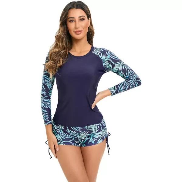 IDOPIP Rash Guard for Women Long Sleeve Floral Print Swim Shirts with Shorts Bottom UPF 50 Two Piece Swimsuit Bathing SuitNavy Blue