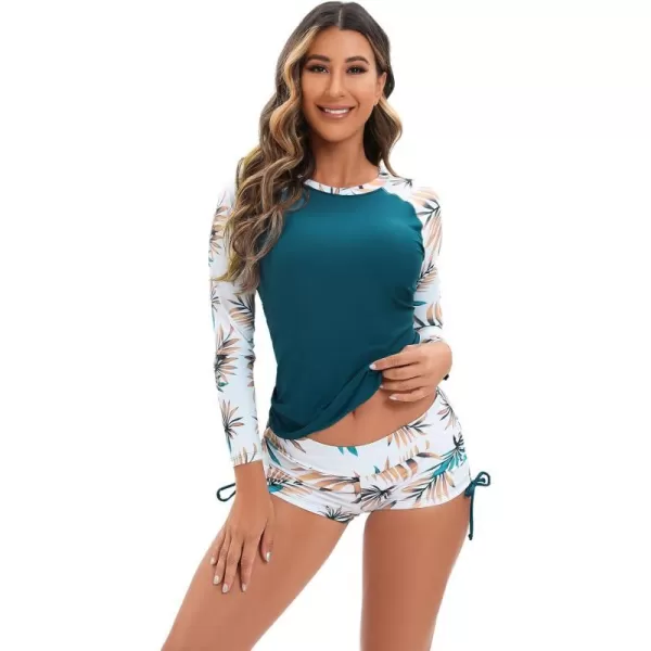 IDOPIP Rash Guard for Women Long Sleeve Floral Print Swim Shirts with Shorts Bottom UPF 50 Two Piece Swimsuit Bathing SuitPeacock Blue Floral