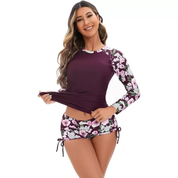 IDOPIP Rash Guard for Women Long Sleeve Floral Print Swim Shirts with Shorts Bottom UPF 50 Two Piece Swimsuit Bathing SuitPurple Floral