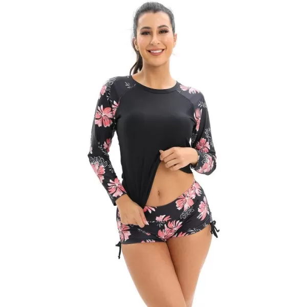 IDOPIP Rash Guard for Women Long Sleeve Floral Print Swim Shirts with Shorts Bottom UPF 50 Two Piece Swimsuit Bathing SuitRed Floral