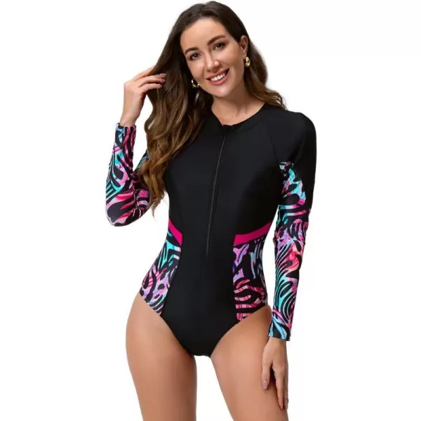 IDOPIP Rash Guard for Women Long Sleeve UV Sun Protection Rash Guard Shirt One Piece Swimsuit Zip Surfing Bathing Suit UPF 50Black Print