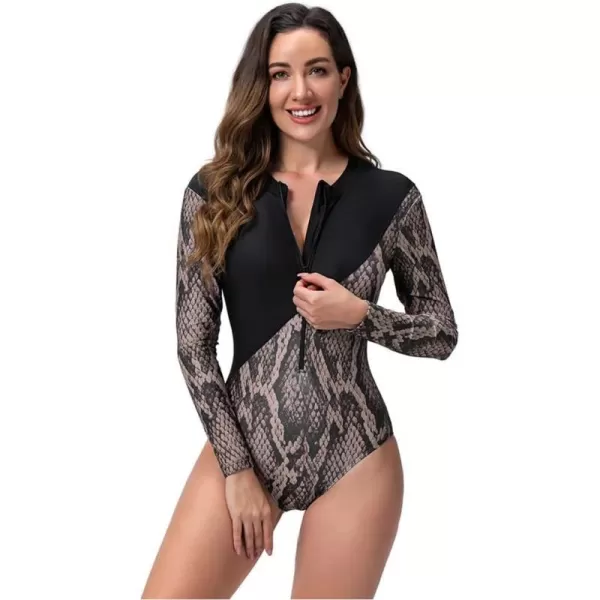 IDOPIP Rash Guard for Women Long Sleeve UV Sun Protection Rash Guard Shirt One Piece Swimsuit Zip Surfing Bathing Suit UPF 50Black Snakeskin