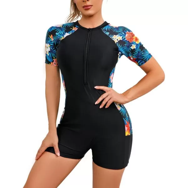 IDOPIP Rash Guard for Women Long Sleeve UV Sun Protection Rash Guard Shirt One Piece Swimsuit Zip Surfing Bathing Suit UPF 50Blue  Yellow Floral