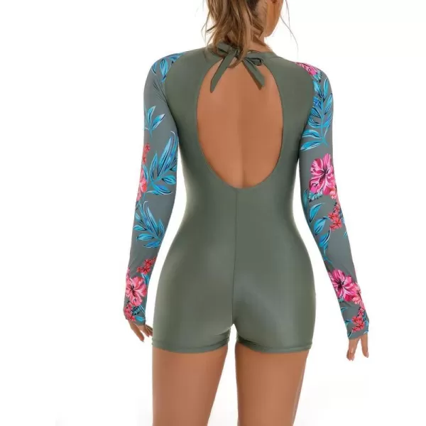 IDOPIP Rash Guard for Women Long Sleeve UV Sun Protection Rash Guard Shirt One Piece Swimsuit Zip Surfing Bathing Suit UPF 50Green Floral  Cutout