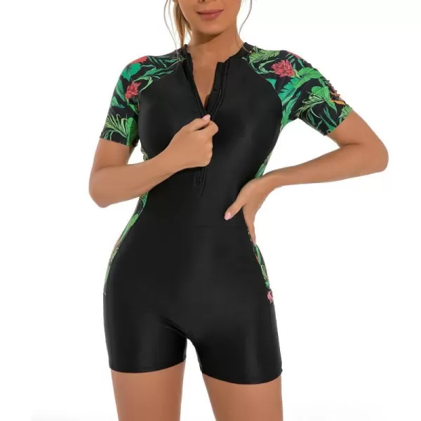 IDOPIP Rash Guard for Women Long Sleeve UV Sun Protection Rash Guard Shirt One Piece Swimsuit Zip Surfing Bathing Suit UPF 50Green Leaves