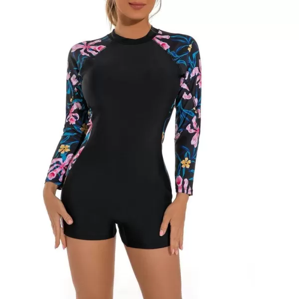 IDOPIP Rash Guard for Women Long Sleeve UV Sun Protection Rash Guard Shirt One Piece Swimsuit Zip Surfing Bathing Suit UPF 50Pink Floral  Long Sleeve