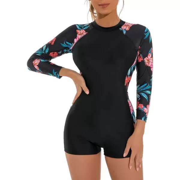 IDOPIP Rash Guard for Women Long Sleeve UV Sun Protection Rash Guard Shirt One Piece Swimsuit Zip Surfing Bathing Suit UPF 50Red Floral  Long Sleeve