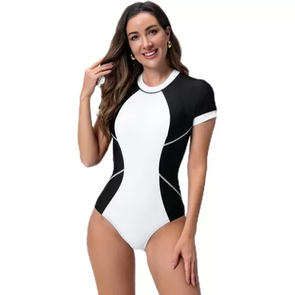 IDOPIP Rash Guard for Women Long Sleeve UV Sun Protection Rash Guard Shirt One Piece Swimsuit Zip Surfing Bathing Suit UPF 50White  Black