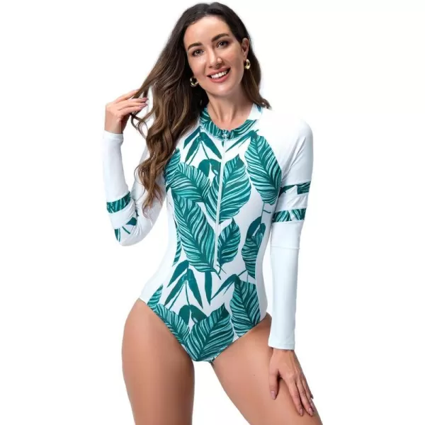 IDOPIP Rash Guard for Women Long Sleeve UV Sun Protection Rash Guard Shirt One Piece Swimsuit Zip Surfing Bathing Suit UPF 50White  Blue Leaves