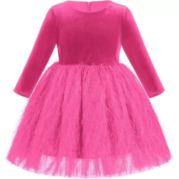 IDOPIP Shiny Velvet Dress for Toddler Baby Girls Fall Winter Long Sleeve Christmas Birthday Party Bowknot Tutu Dress ClothesHot Pink  Fluffy