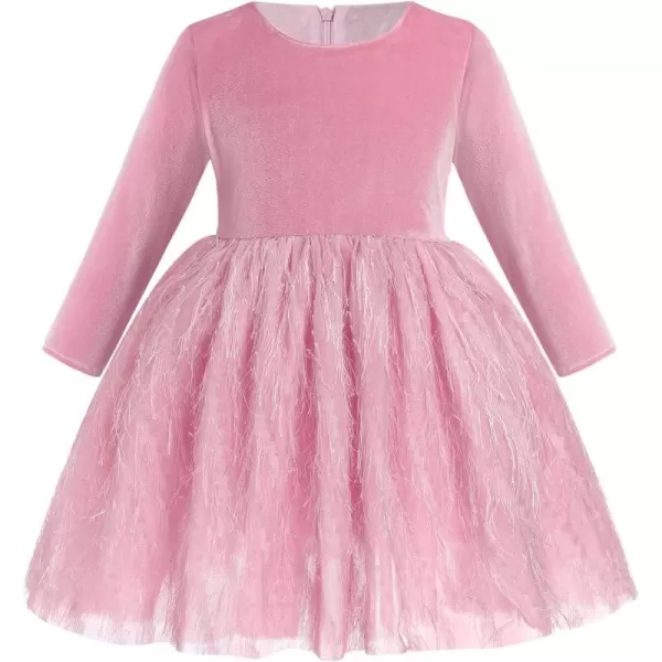 IDOPIP Shiny Velvet Dress for Toddler Baby Girls Fall Winter Long Sleeve Christmas Birthday Party Bowknot Tutu Dress ClothesPink  Fluffy