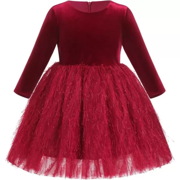 IDOPIP Shiny Velvet Dress for Toddler Baby Girls Fall Winter Long Sleeve Christmas Birthday Party Bowknot Tutu Dress ClothesWine Red  Fluffy