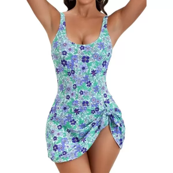 IDOPIP Swim Dress for Women One Piece Swimsuit Bathing Suit Tummy Control Swimdress with Shorts Plus Size Swimwear Beach SuitGreen Floral