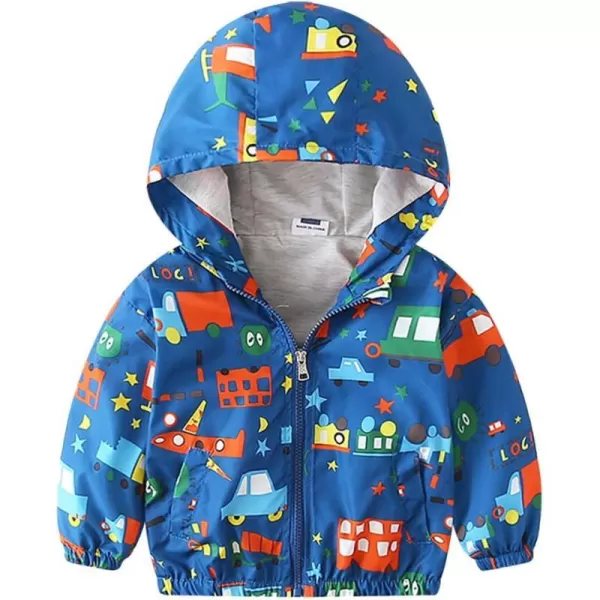 IDOPIP Toddler Baby Boy Girl Animal Print Dinosaur Coat Hooded Jacket Outdoor Windbreaker Trehch Outerwear with Pockets 15TRoyal Blue Car 02