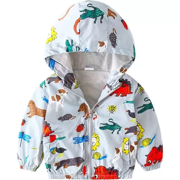 IDOPIP Toddler Baby Boy Girl Animal Print Dinosaur Coat Hooded Jacket Outdoor Windbreaker Trehch Outerwear with Pockets 15TWhite Animals