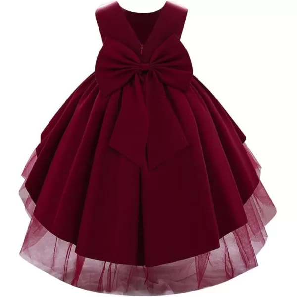 IDOPIP Toddler Baby Flower Girl Bowknot High Low Tutu Dress Beaded VBack Princess Pageant Wedding Birthday Party Formal GownWine Red