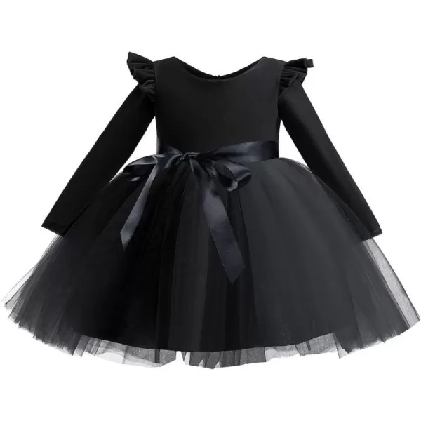 IDOPIP Toddler Baby Flower Girls Velvet Tutu Dress Fall Long Sleeve Princess Pageant Wedding Christmas Birthday Party DressesBlack