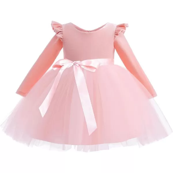 IDOPIP Toddler Baby Flower Girls Velvet Tutu Dress Fall Long Sleeve Princess Pageant Wedding Christmas Birthday Party DressesPink