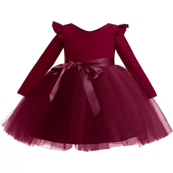 IDOPIP Toddler Baby Flower Girls Velvet Tutu Dress Fall Long Sleeve Princess Pageant Wedding Christmas Birthday Party DressesWine Red