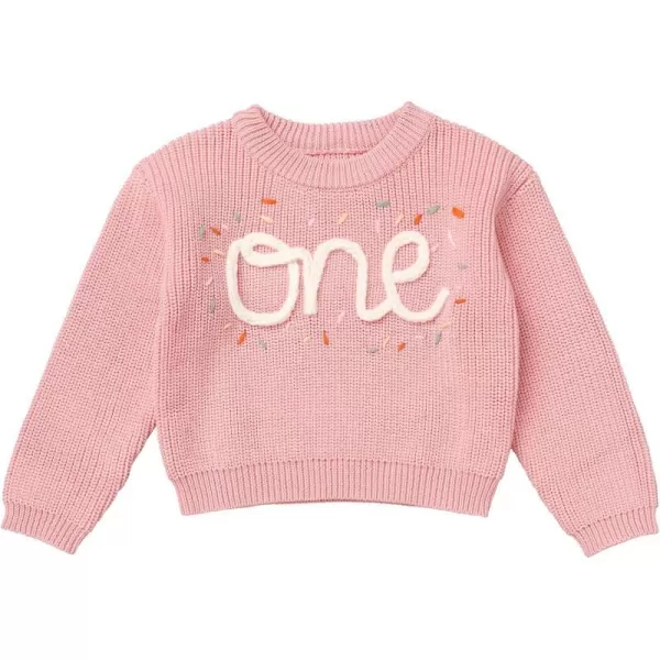 IDOPIP Toddler Baby Girls First Birthday Outfit Boho Embroidery One Sweater Top Knit Pullover Sweatshirt Fall Winter ClothesPink