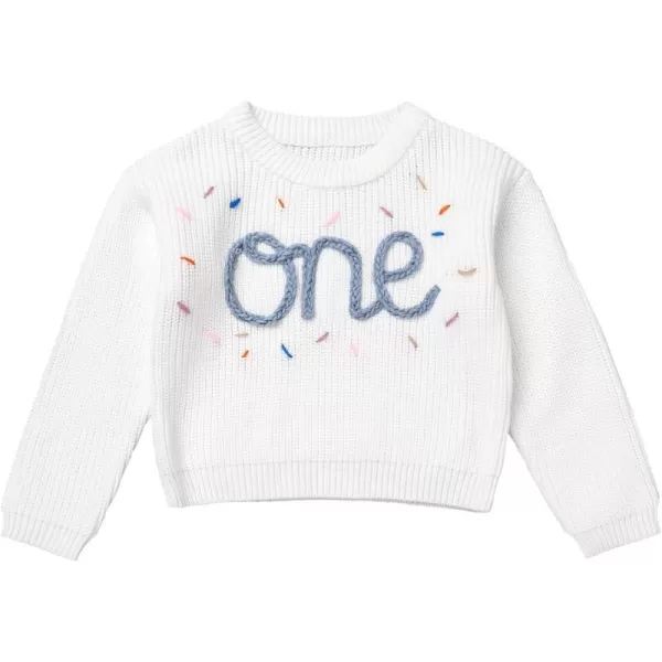 IDOPIP Toddler Baby Girls First Birthday Outfit Boho Embroidery One Sweater Top Knit Pullover Sweatshirt Fall Winter ClothesWhite  Blue