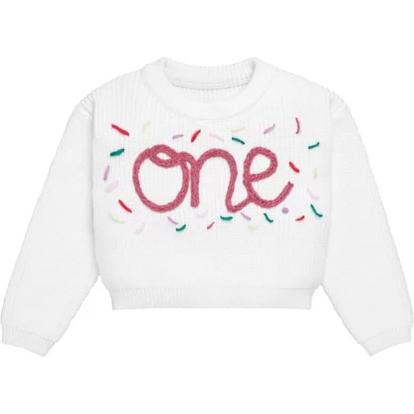 IDOPIP Toddler Baby Girls First Birthday Outfit Boho Embroidery One Sweater Top Knit Pullover Sweatshirt Fall Winter ClothesWhite  Dusty Pink