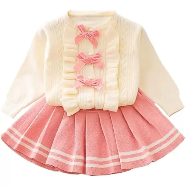 IDOPIP Toddler Baby Girls Outfit Long Sleeve Ruffle Sweater Top Tutu Skirt Christmas Birthday Party Dress Fall Winter ClothesPink  Bowknot