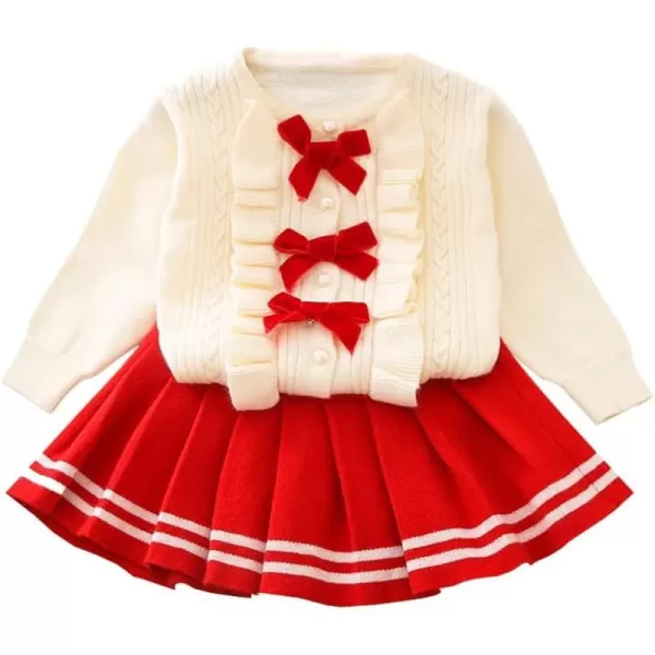 IDOPIP Toddler Baby Girls Outfit Long Sleeve Ruffle Sweater Top Tutu Skirt Christmas Birthday Party Dress Fall Winter ClothesRed  Bowknot