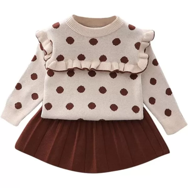 IDOPIP Toddler Baby Girls Ruffle Long Sleeve Knit Sweater Top  Tutu Skirt Casual Birthday Party Dress Fall Winter Outfit SetKhaki Polka Dot