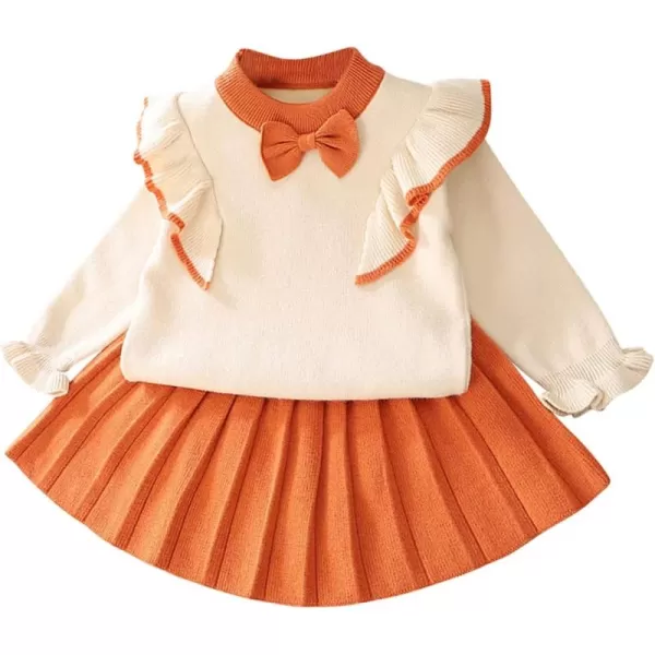 IDOPIP Toddler Baby Girls Ruffle Long Sleeve Knit Sweater Top  Tutu Skirt Casual Birthday Party Dress Fall Winter Outfit SetOrange