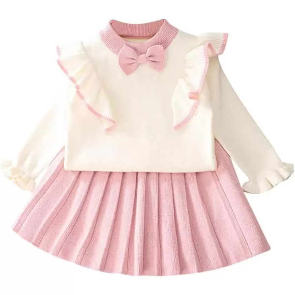 IDOPIP Toddler Baby Girls Ruffle Long Sleeve Knit Sweater Top  Tutu Skirt Casual Birthday Party Dress Fall Winter Outfit SetPink