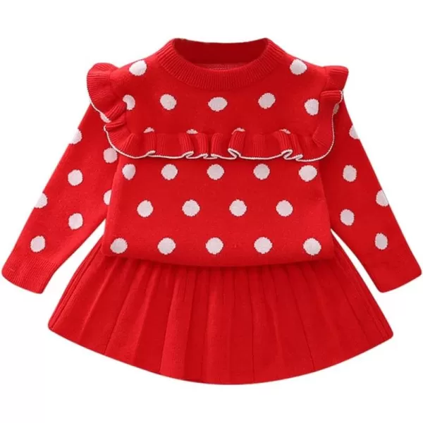 IDOPIP Toddler Baby Girls Ruffle Long Sleeve Knit Sweater Top  Tutu Skirt Casual Birthday Party Dress Fall Winter Outfit SetRed Polka Dot