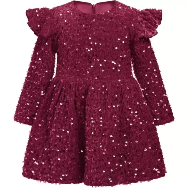 IDOPIP Toddler Baby Girls Sequin Velvet Tutu Dress Long Sleeve Princess Christmas Birthday Party Dresses Fall Winter ClothesWine Red