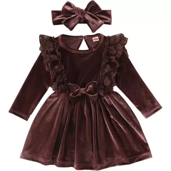 IDOPIP Toddler Baby Girls Velvet Tutu Dress Long Sleeve Princess Christmas Birthday Party Wedding Dresses Fall Winter ClothesBrown  Headband