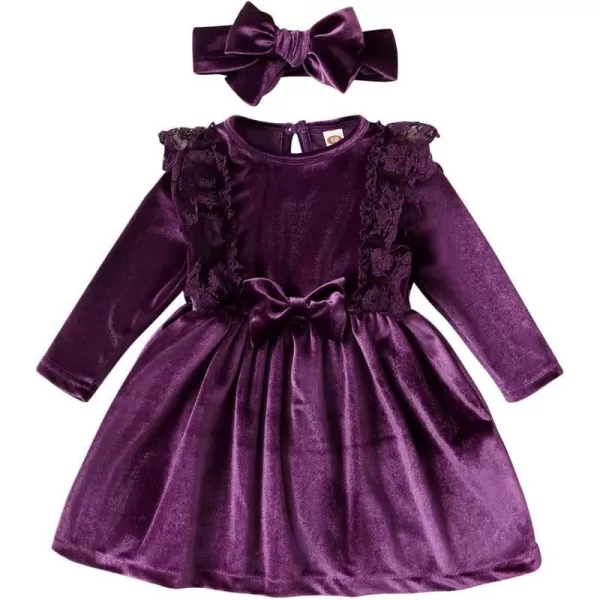 IDOPIP Toddler Baby Girls Velvet Tutu Dress Long Sleeve Princess Christmas Birthday Party Wedding Dresses Fall Winter ClothesDark Purple  Headband