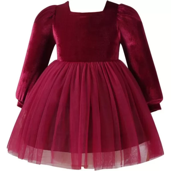 IDOPIP Toddler Baby Girls Velvet Tutu Dress Long Sleeve Princess Christmas Birthday Party Wedding Dresses Fall Winter ClothesDark Red  Smocked Back