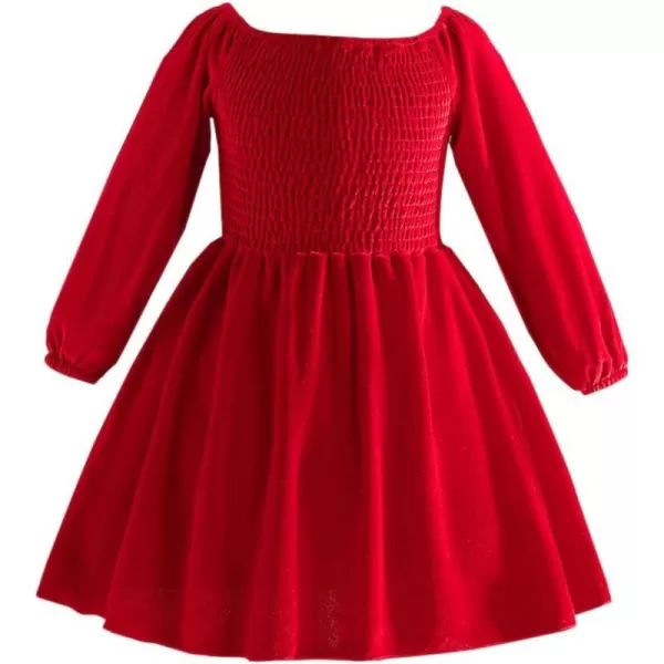 IDOPIP Toddler Baby Girls Velvet Tutu Dress Long Sleeve Ruffle Smocked Princess Christmas Birthday Party Dresses Fall ClothesRed Dress