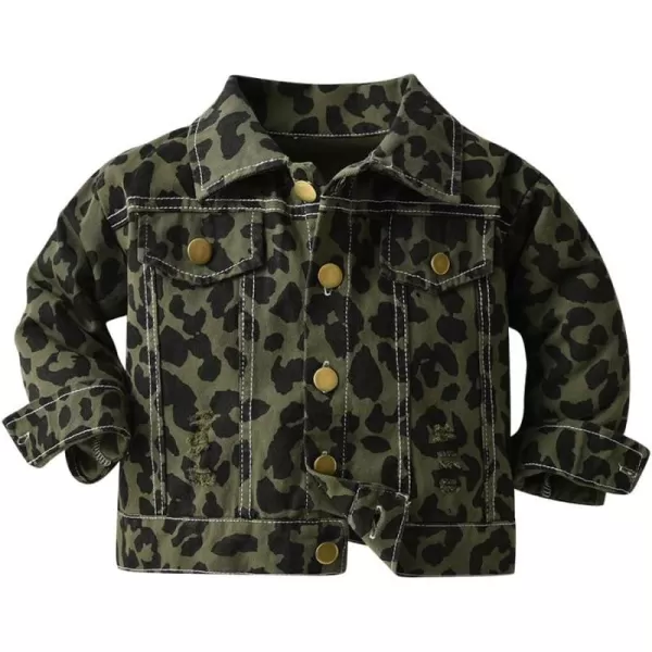 IDOPIP Toddler Kid Baby Boys Girls Denim Jacket Long Sleeve Button Down Jeans Coat Cowboy Overcoat Hoodie Casual OutwearArmy Green Leopard