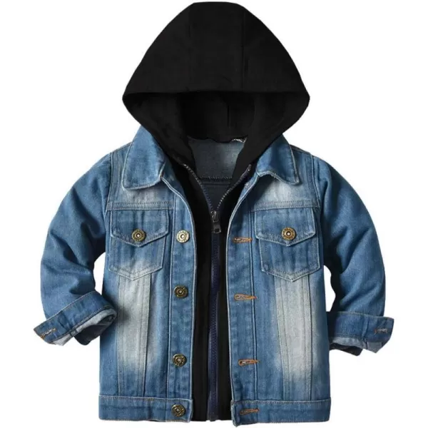 IDOPIP Toddler Kid Baby Boys Girls Denim Jacket Long Sleeve Button Down Jeans Coat Cowboy Overcoat Hoodie Casual OutwearBlue Black Hoodie