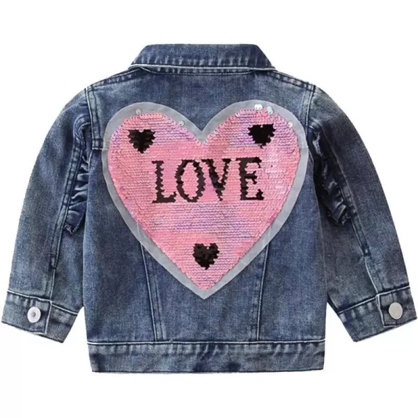 IDOPIP Toddler Kid Baby Boys Girls Denim Jacket Long Sleeve Button Down Jeans Coat Cowboy Overcoat Hoodie Casual OutwearBlue Sequin Heart