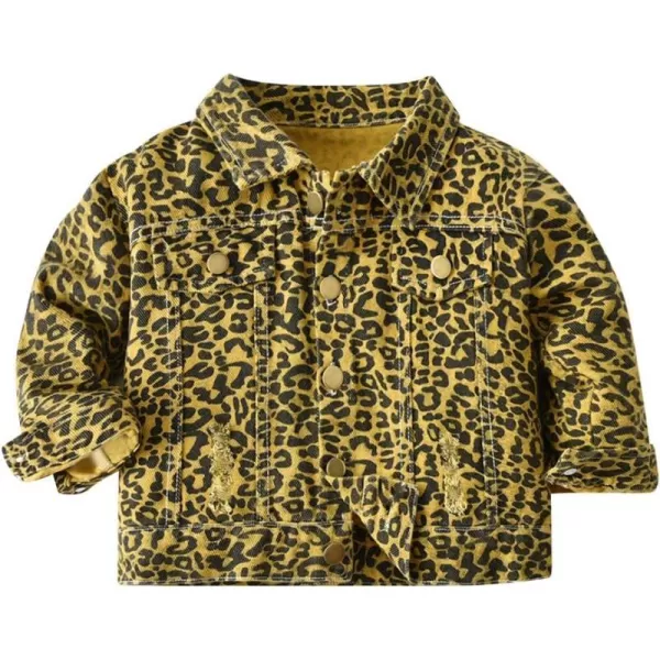 IDOPIP Toddler Kid Baby Boys Girls Denim Jacket Long Sleeve Button Down Jeans Coat Cowboy Overcoat Hoodie Casual OutwearGold Leopard