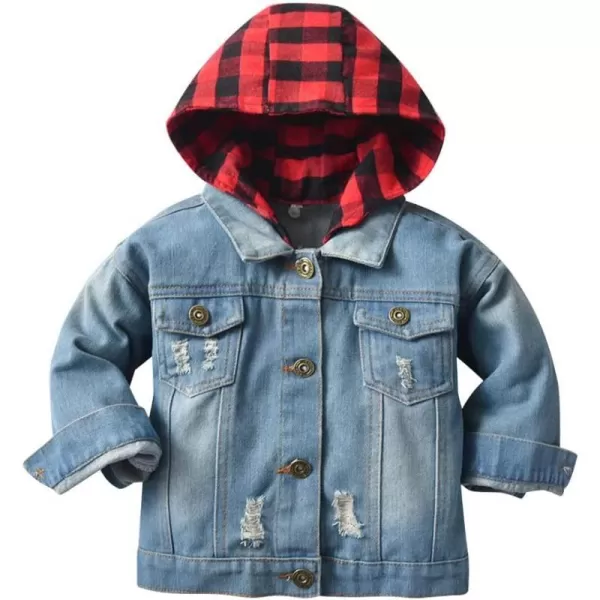 IDOPIP Toddler Kid Baby Boys Girls Denim Jacket Long Sleeve Button Down Jeans Coat Cowboy Overcoat Hoodie Casual OutwearRed Buffalo Plaid