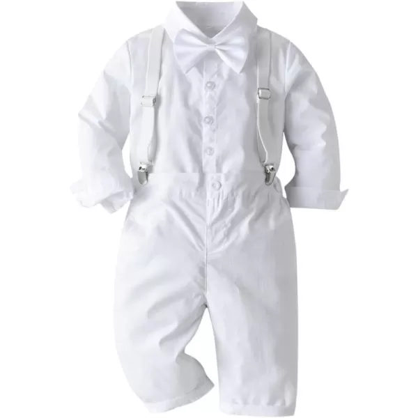 IDOPIP Toddler Kids Baby Boys 1st Christmas Outfit Gentleman Striped Shirt with Bowtie Long Suspender Pants Overalls Clothes All White