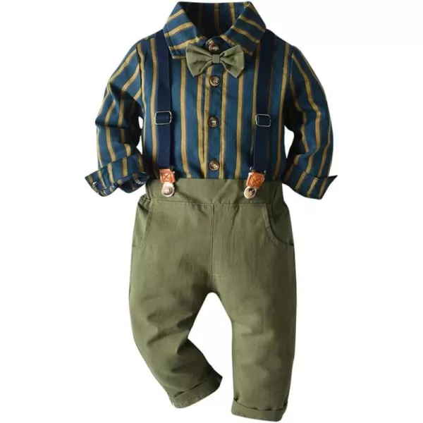 IDOPIP Toddler Kids Baby Boys 1st Christmas Outfit Gentleman Striped Shirt with Bowtie Long Suspender Pants Overalls ClothesArmy Green Striped