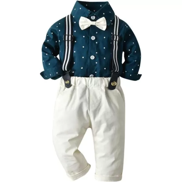 IDOPIP Toddler Kids Baby Boys 1st Christmas Outfit Gentleman Striped Shirt with Bowtie Long Suspender Pants Overalls ClothesBeige Stars