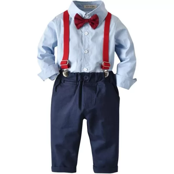 IDOPIP Toddler Kids Baby Boys 1st Christmas Outfit Gentleman Striped Shirt with Bowtie Long Suspender Pants Overalls ClothesBlue  Navy Blue