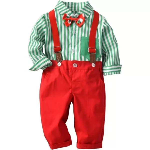 IDOPIP Toddler Kids Baby Boys 1st Christmas Outfit Gentleman Striped Shirt with Bowtie Long Suspender Pants Overalls ClothesGreen Striped