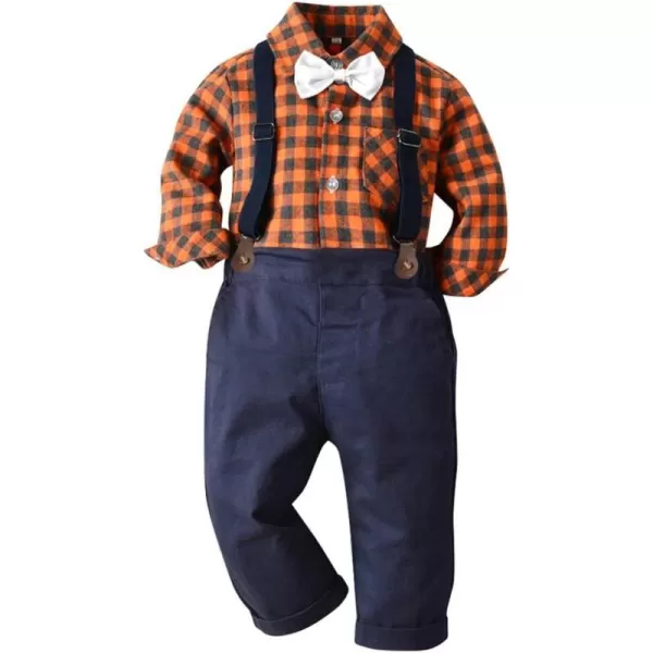 IDOPIP Toddler Kids Baby Boys 1st Christmas Outfit Gentleman Striped Shirt with Bowtie Long Suspender Pants Overalls ClothesOrange Lattice