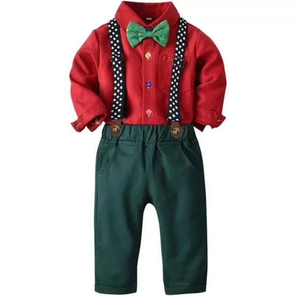 IDOPIP Toddler Kids Baby Boys 1st Christmas Outfit Gentleman Striped Shirt with Bowtie Long Suspender Pants Overalls ClothesRed  Dark Green